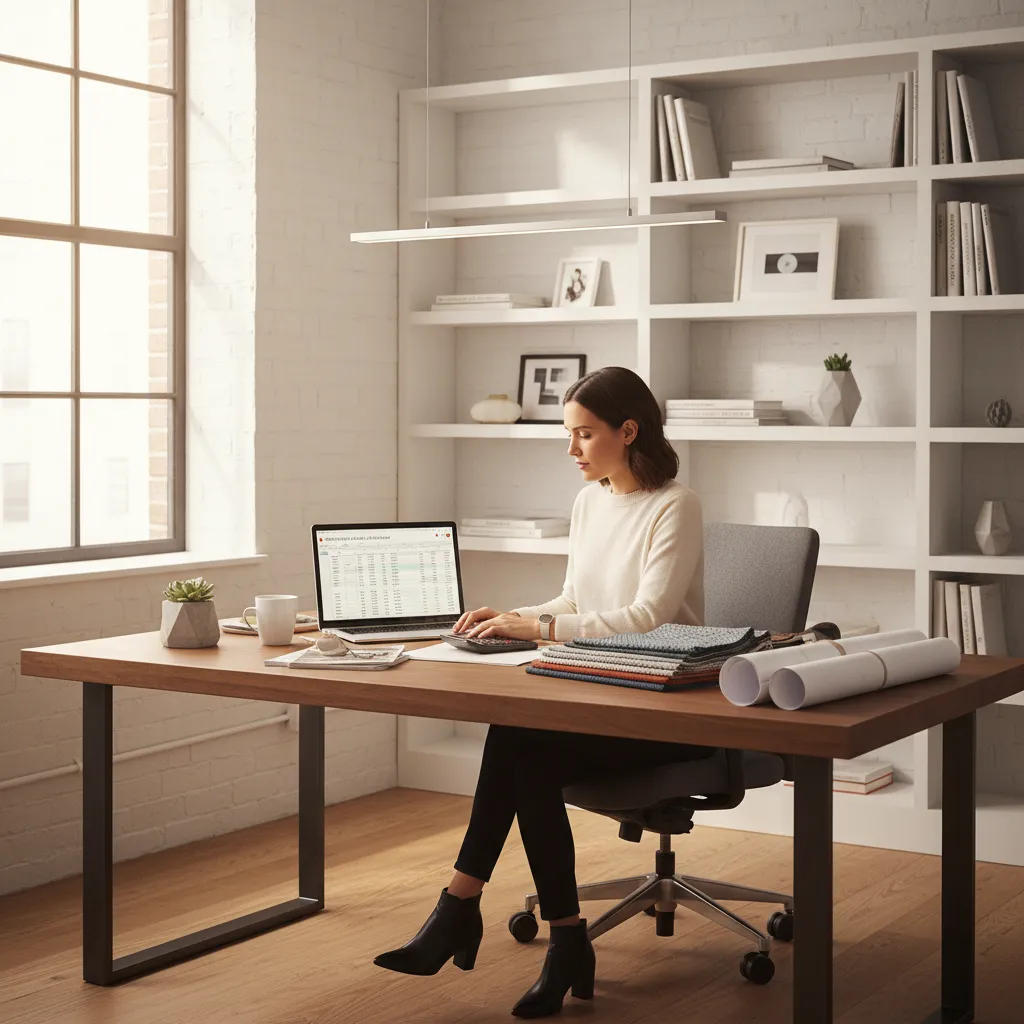 Interior designer reviewing project finances on laptop with samples and notebook