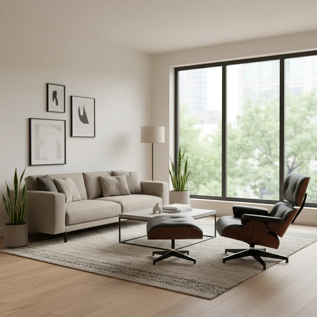 Salón elegante con una pieza de diseño icónica combinada con muebles sencillos