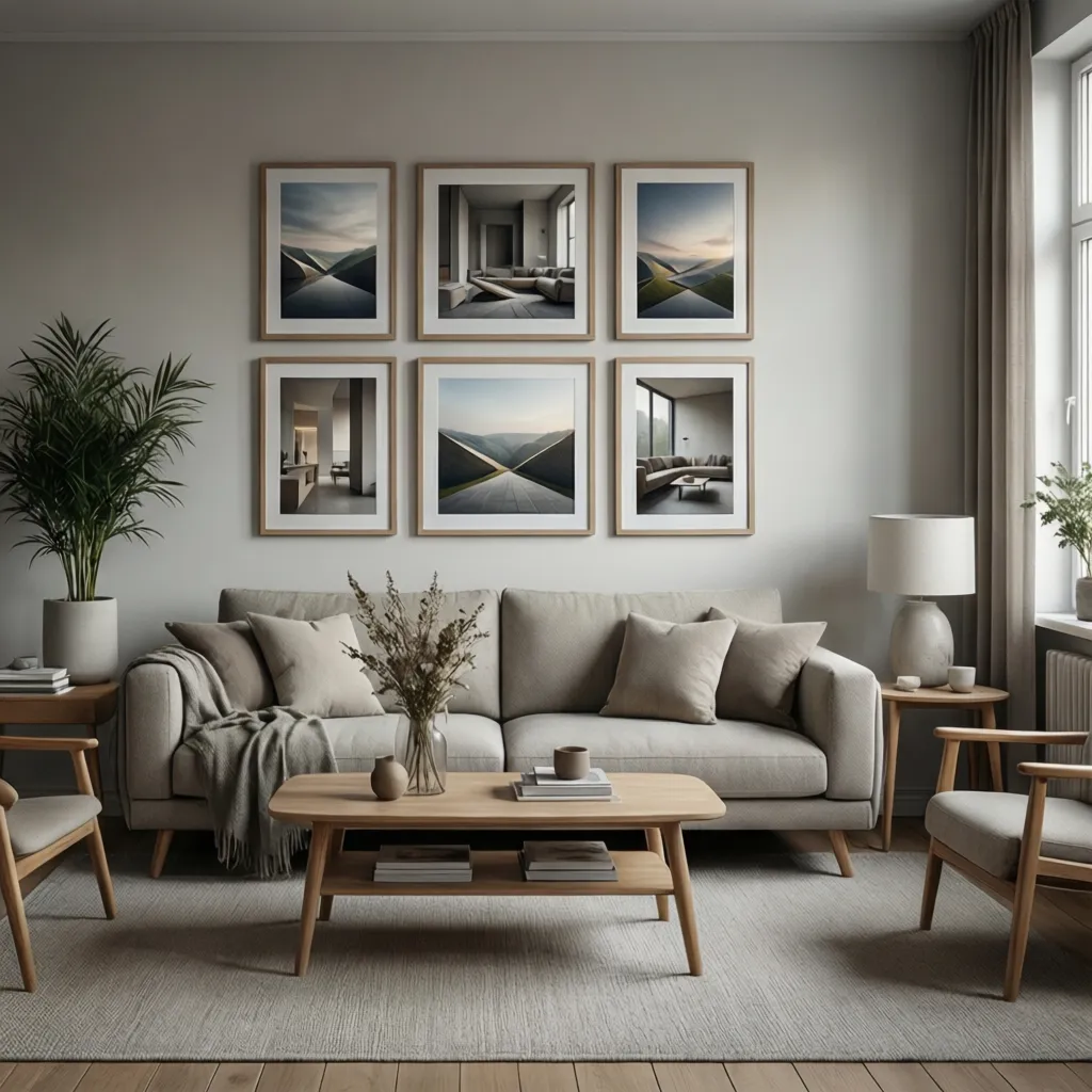 Interior designer style gallery wall using multiple 8x10 frames above a sofa