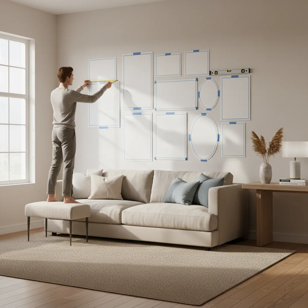 Interior designer testing gallery wall layout using paper templates on wall