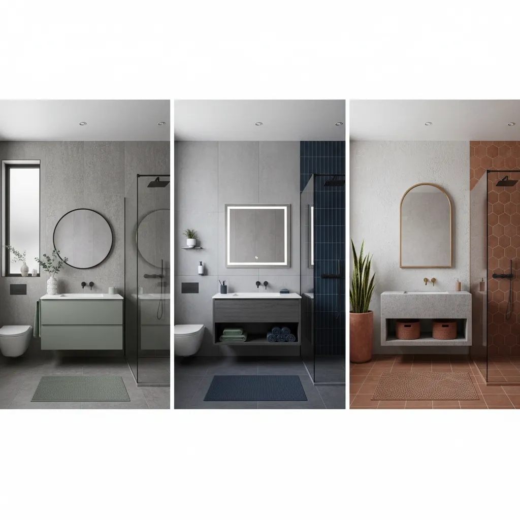 three gray bathroom palette examples with different accent colors