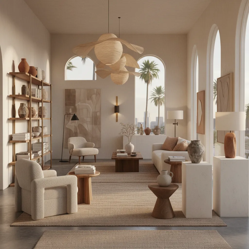 Designer style home decor showroom in Los Angeles with layered textures and lighting