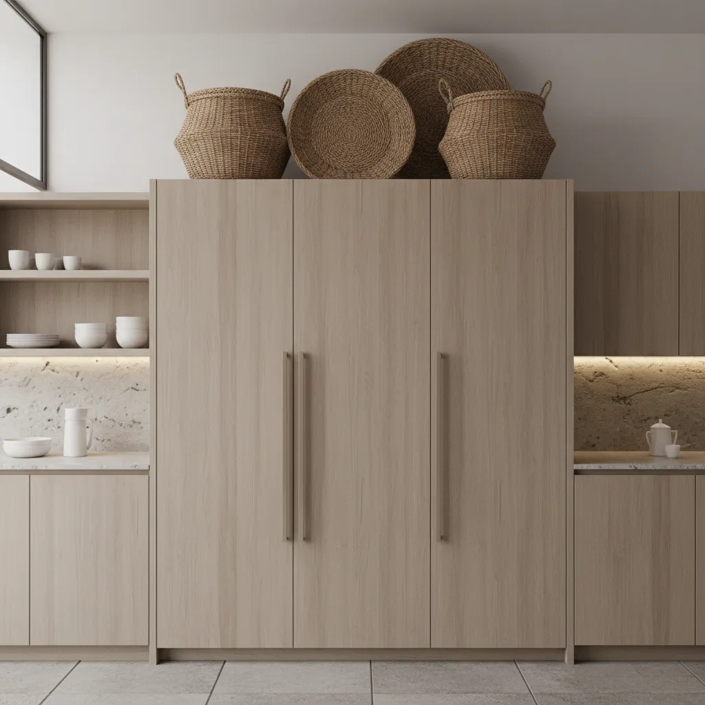 Grouped baskets above refrigerator cabinet area