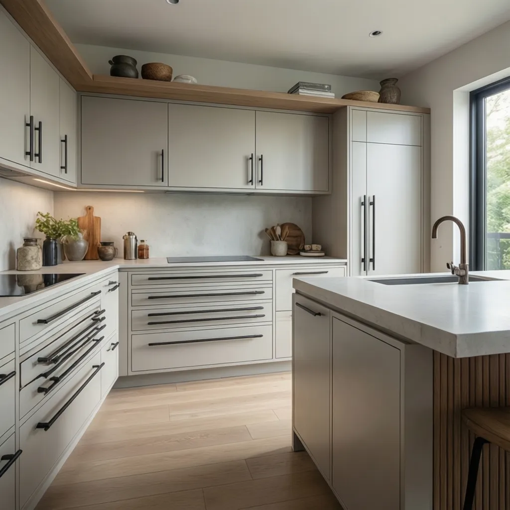 Modern kitchen showing vertical and horizontal cabinet handle placement