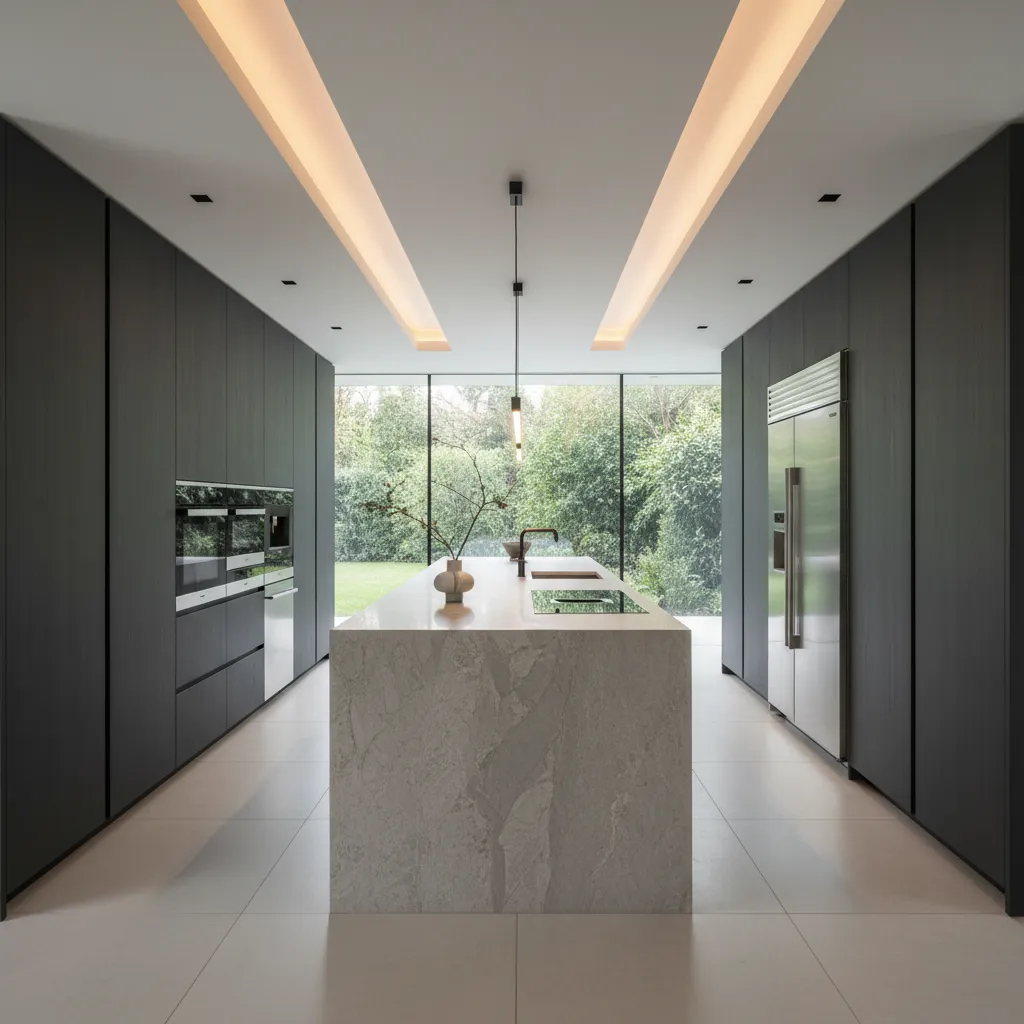 Cocina moderna con gran isla central funcional