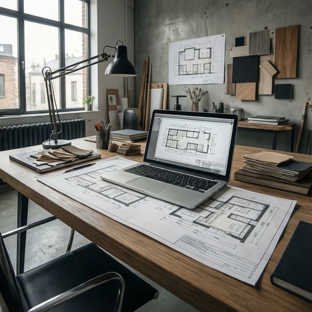 Espacio de trabajo de diseñador con portátil y planos de interiorismo