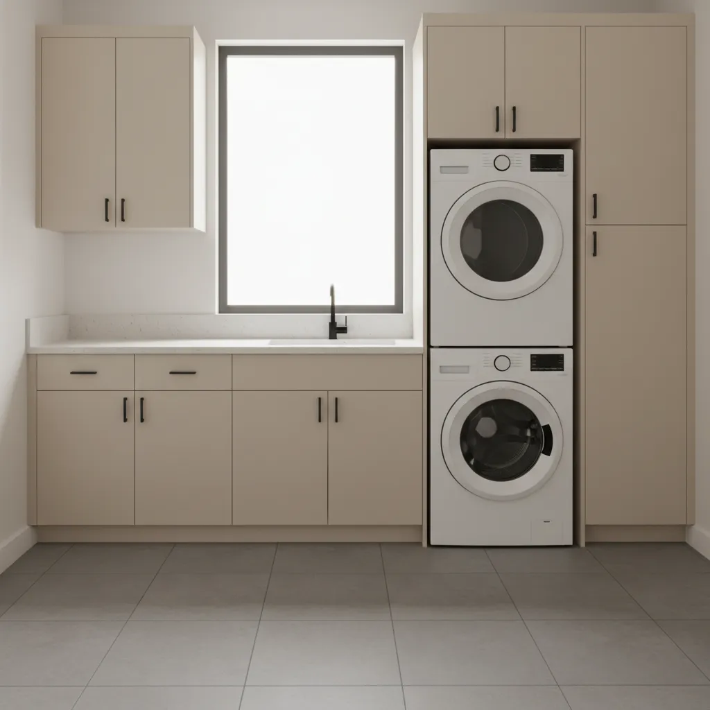 Stylish compact laundry room with stacked appliances cabinets and folding counter