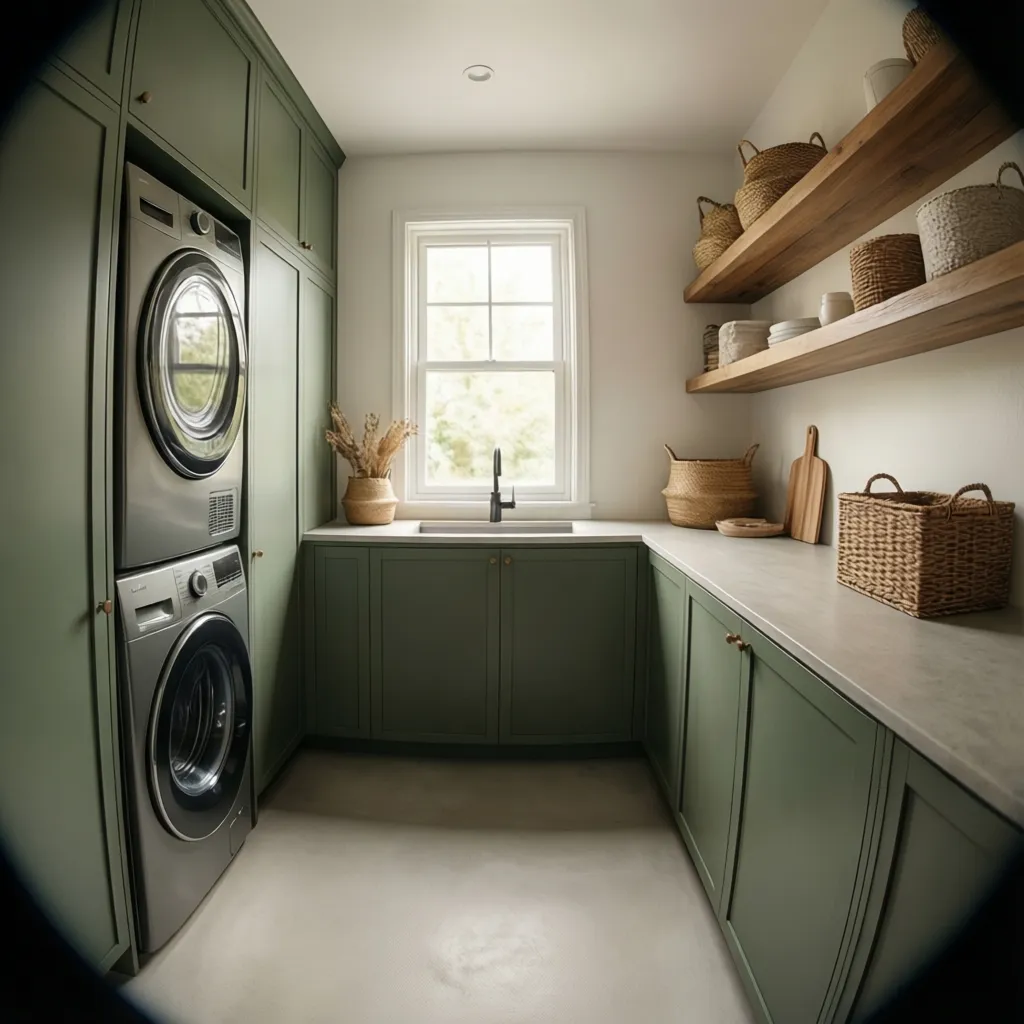 Laundry room with sage green cabinets, white walls, and natural wood shelves
