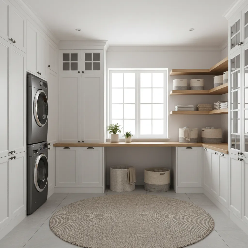 modern designer laundry room with cabinets shelves and organized storage