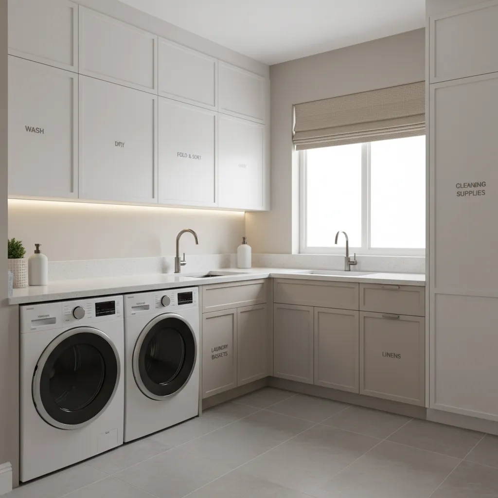 Modern laundry room showing washing drying and folding workflow zones