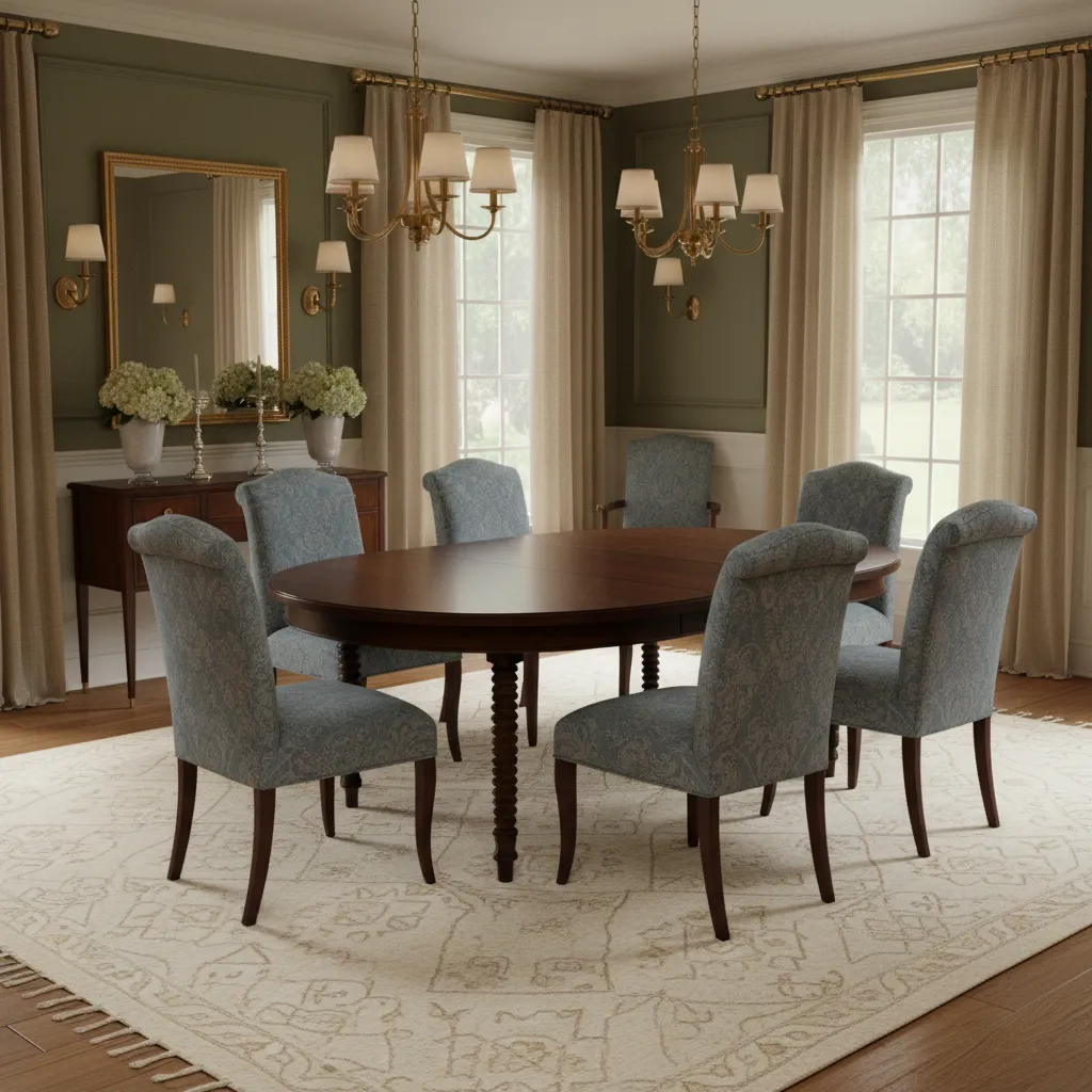 Dining room with large rug and upholstered chairs around Duncan Phyfe table