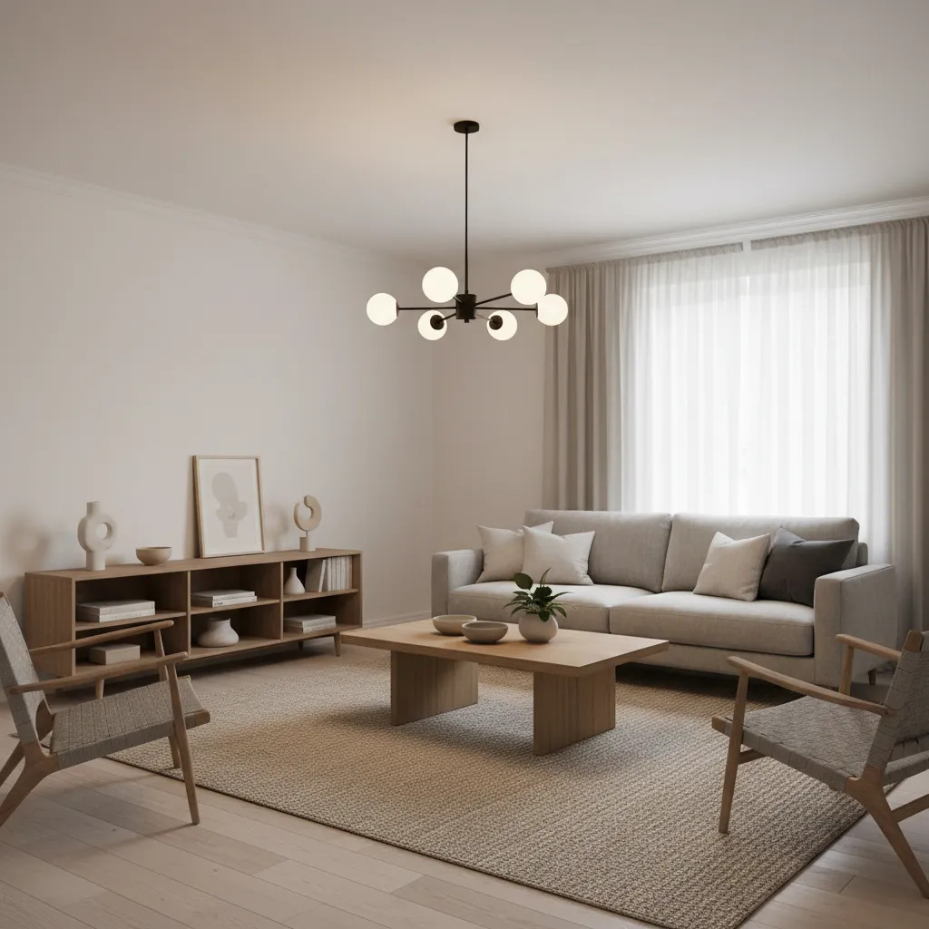 Sala contemporánea con lámpara colgante de diseño y luz ambiental cálida