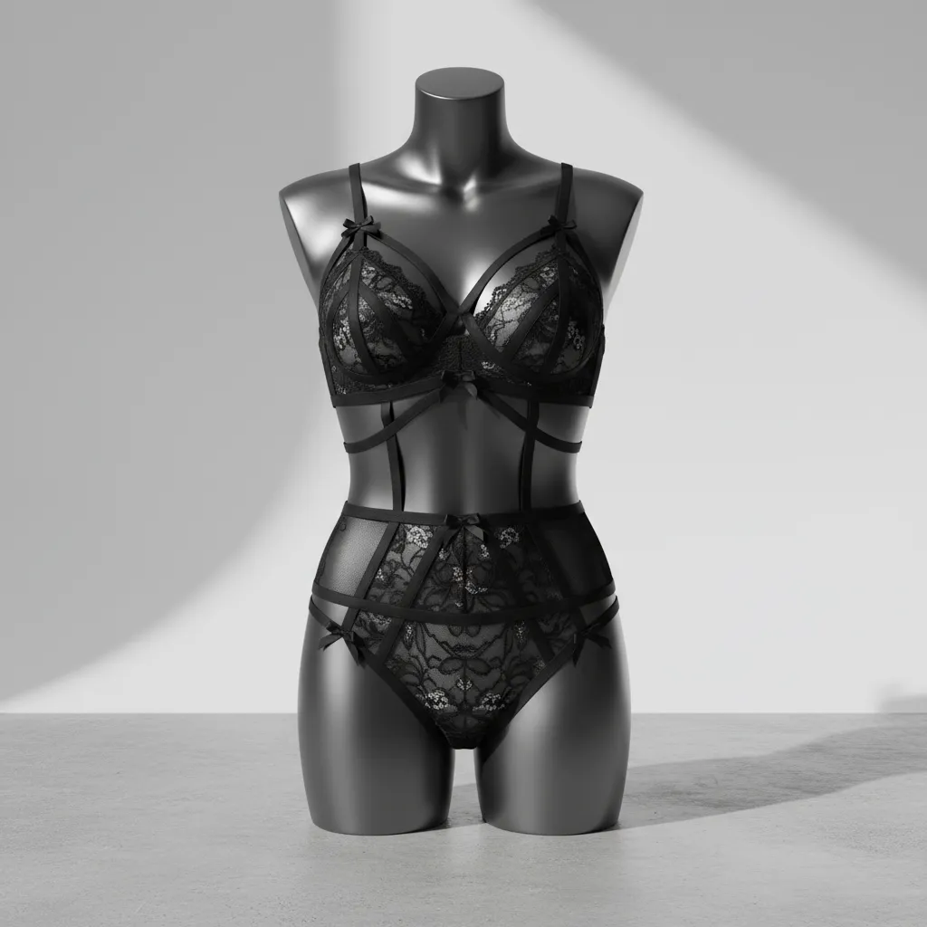 Conjunto de lencería de diseñador con tiras y encaje negro