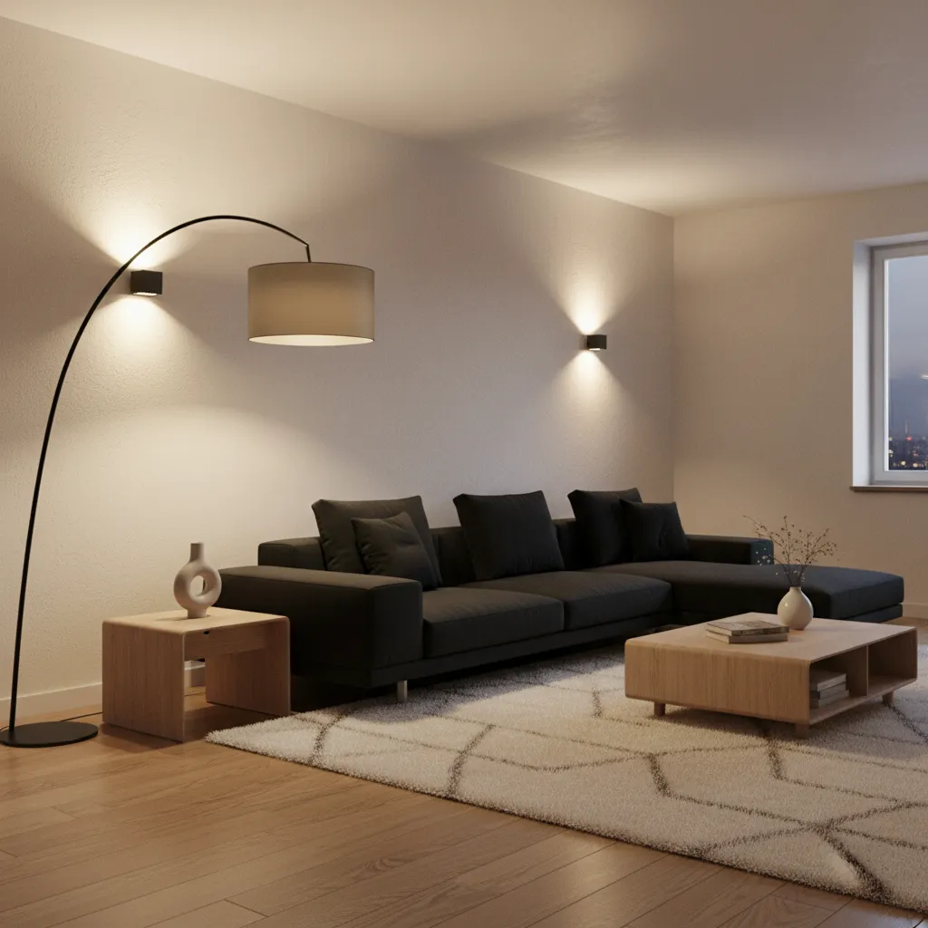 living room lighting design highlighting black sofa seating area