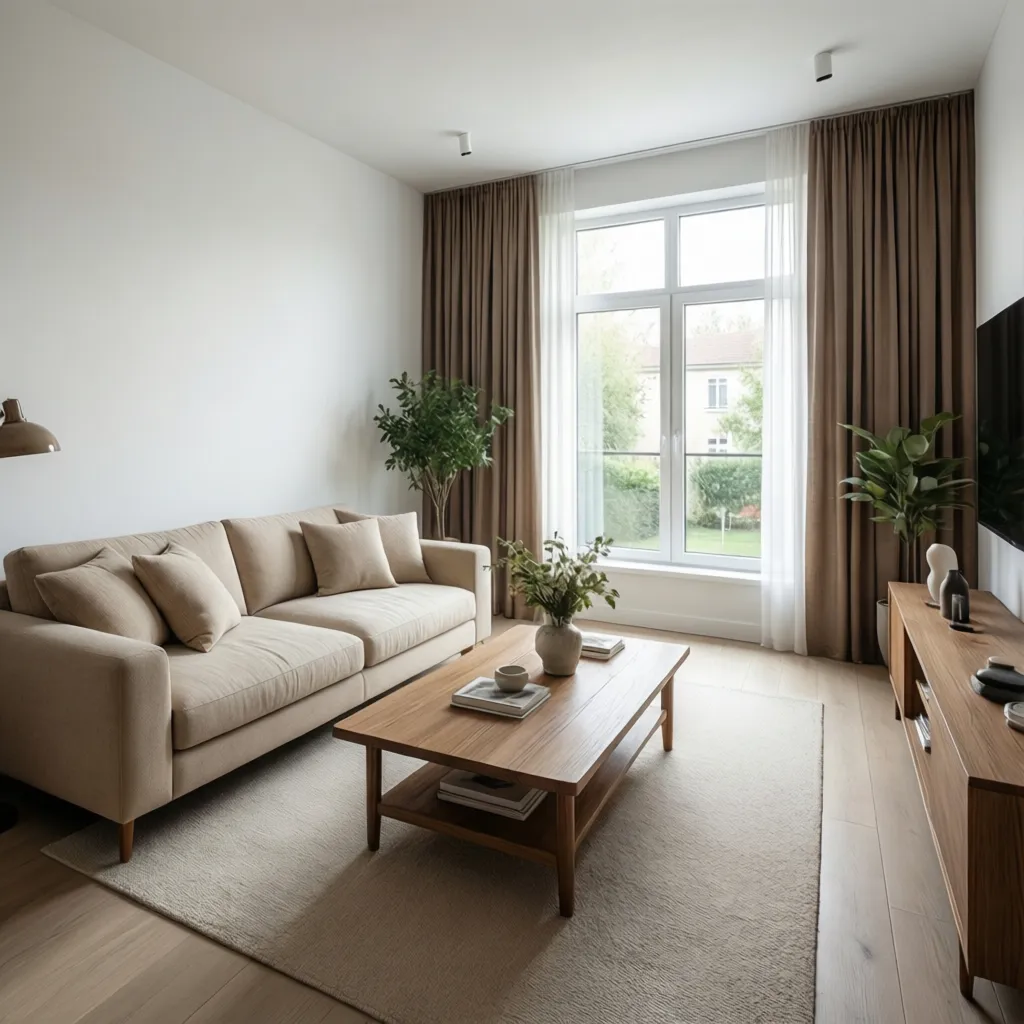 Modern neutral living room with brown curtains and minimalist furniture