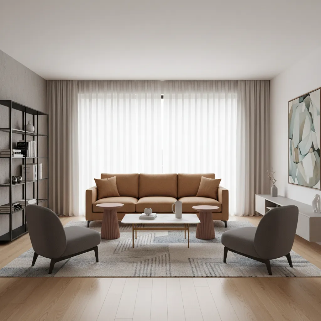 Professional living room layout featuring camel sofa and accent chairs