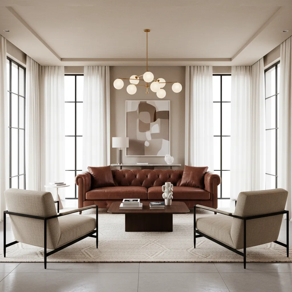 Designer living room mixing leather sofa with fabric seating and neutral decor