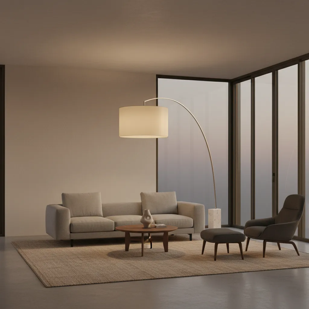 Modern living room with grey sofa round coffee table floor lamp armchair footrest and windows
