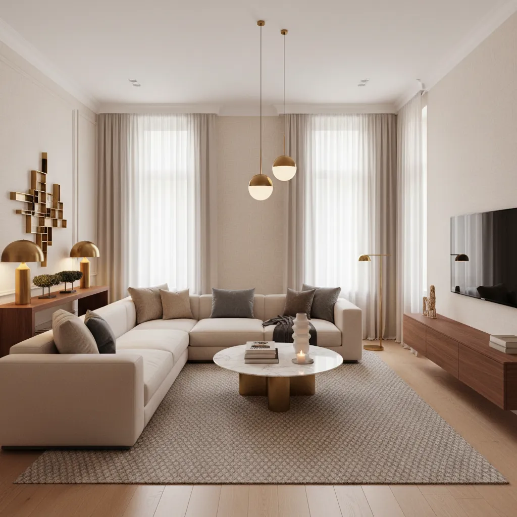 Luxury living room where furniture and wallpaper colors are coordinated