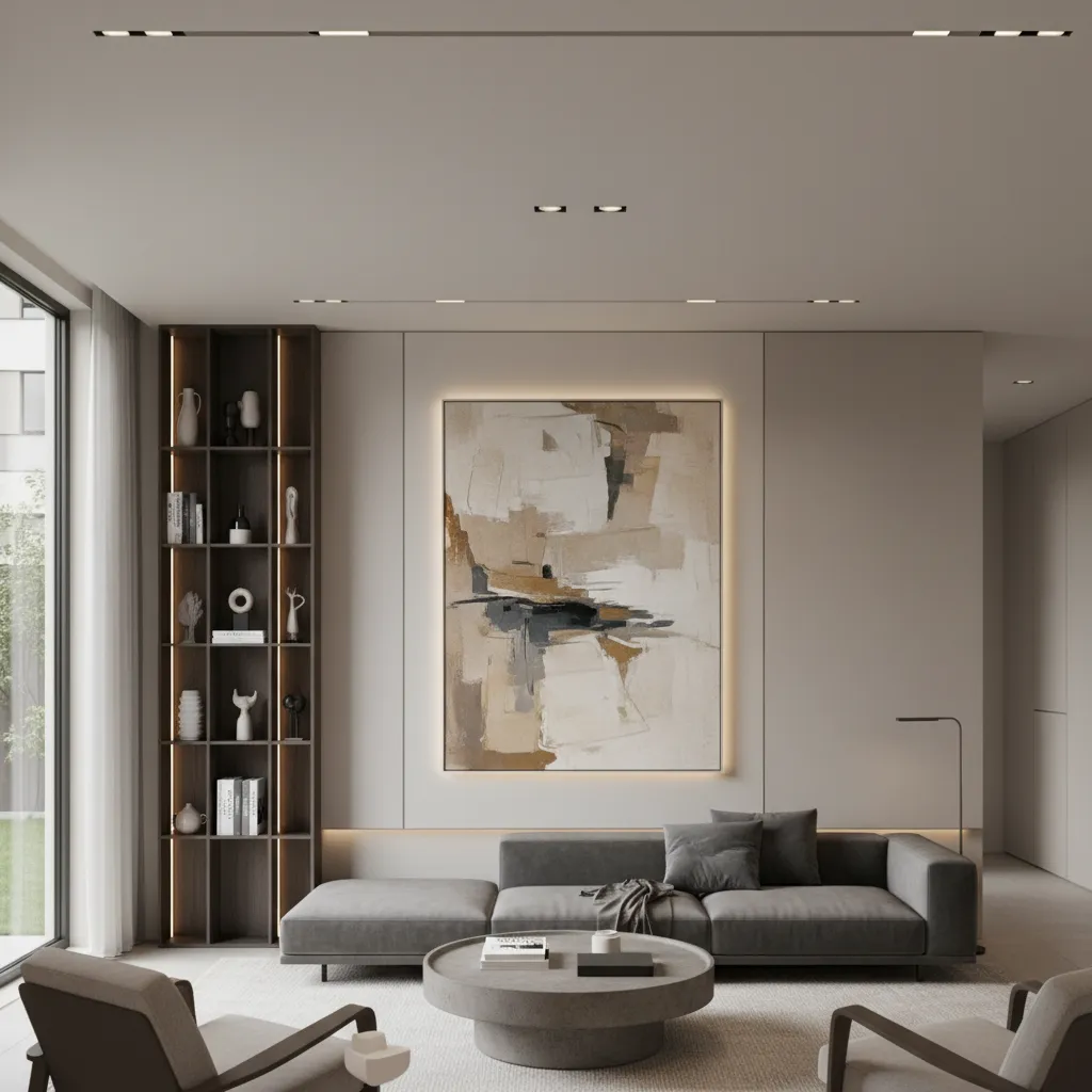Interior design layout showing vertical zoning on a long wall