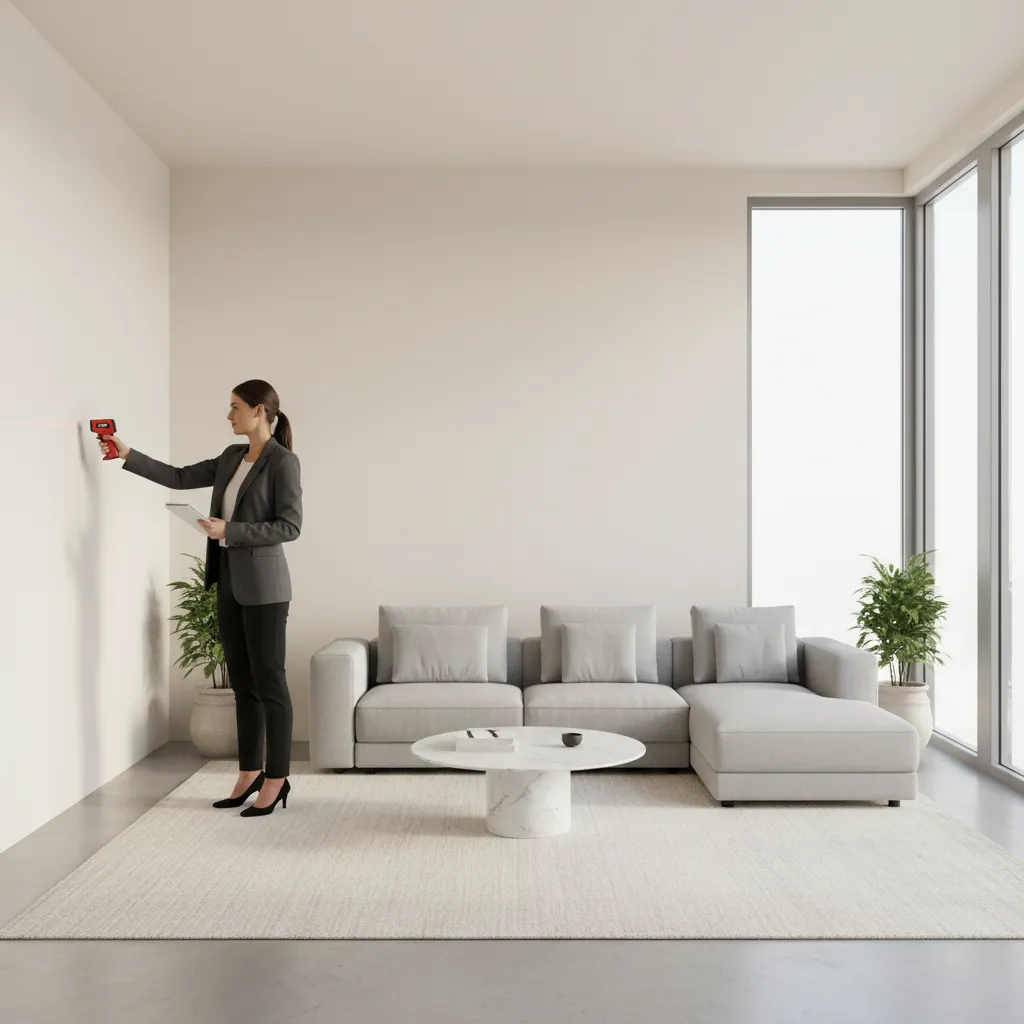 Interior designer measuring living room walls with laser tool