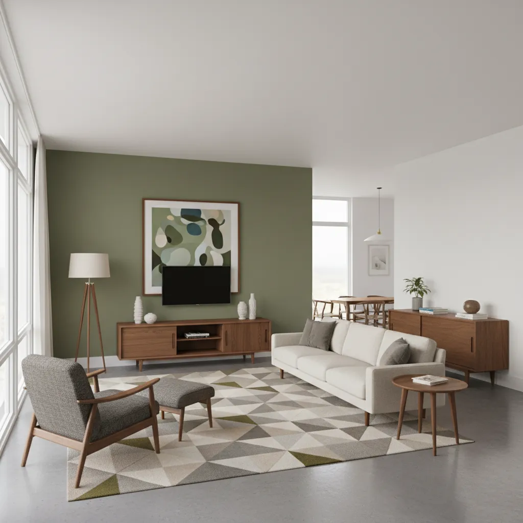 Interior layout demonstrating mid century color zoning with furniture and accent wall