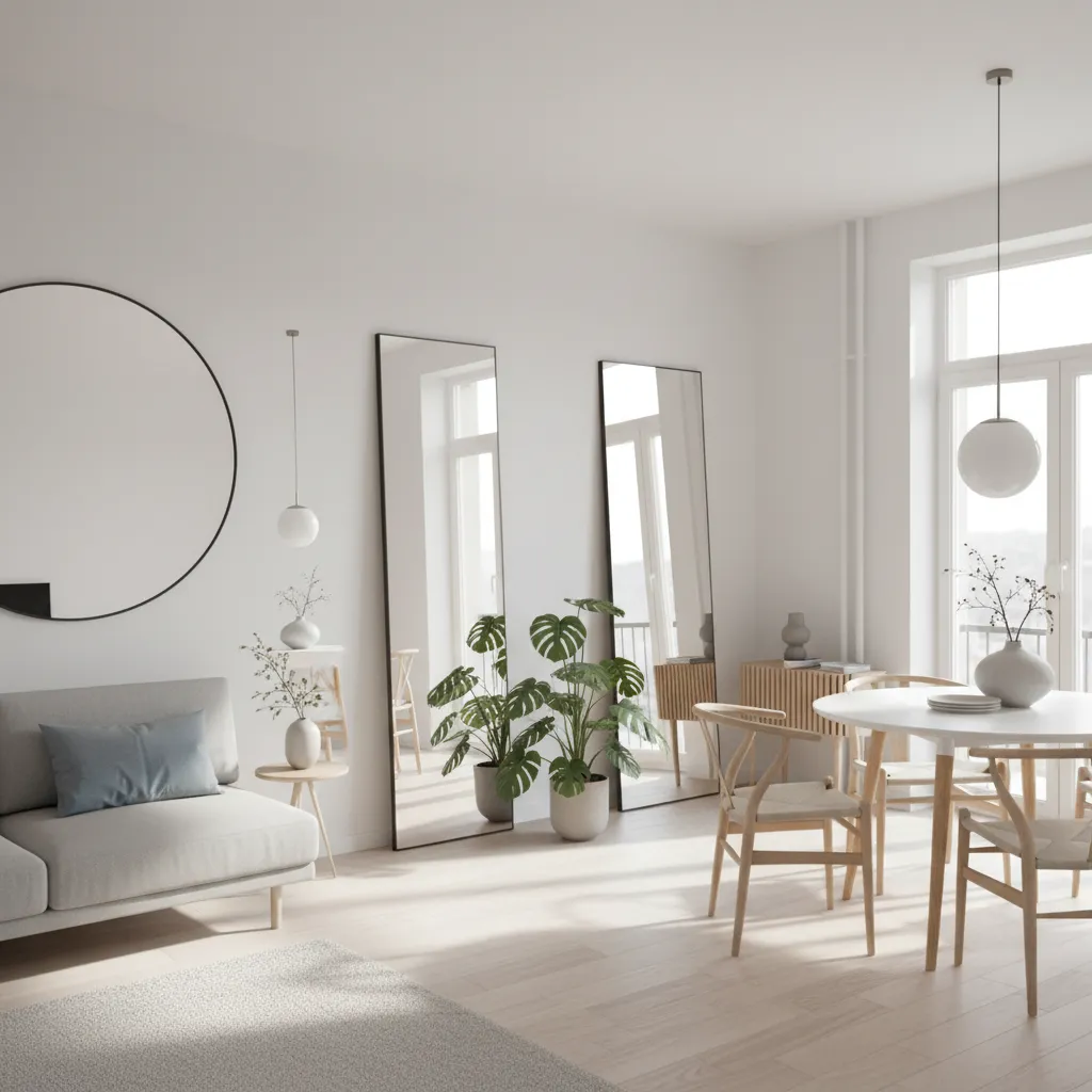 Interior design showing mirrors guiding light across small apartment