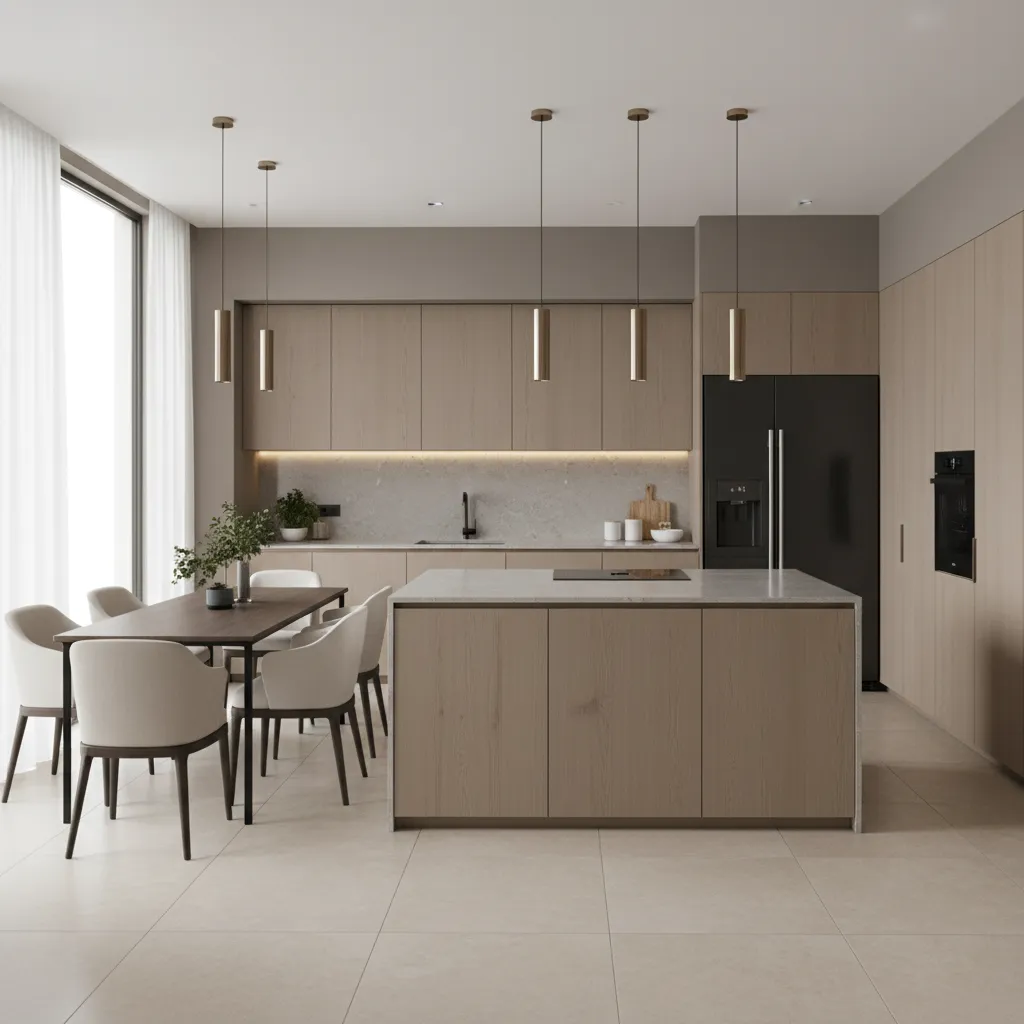 modern kitchen with soft neutral wall colors that hide stains