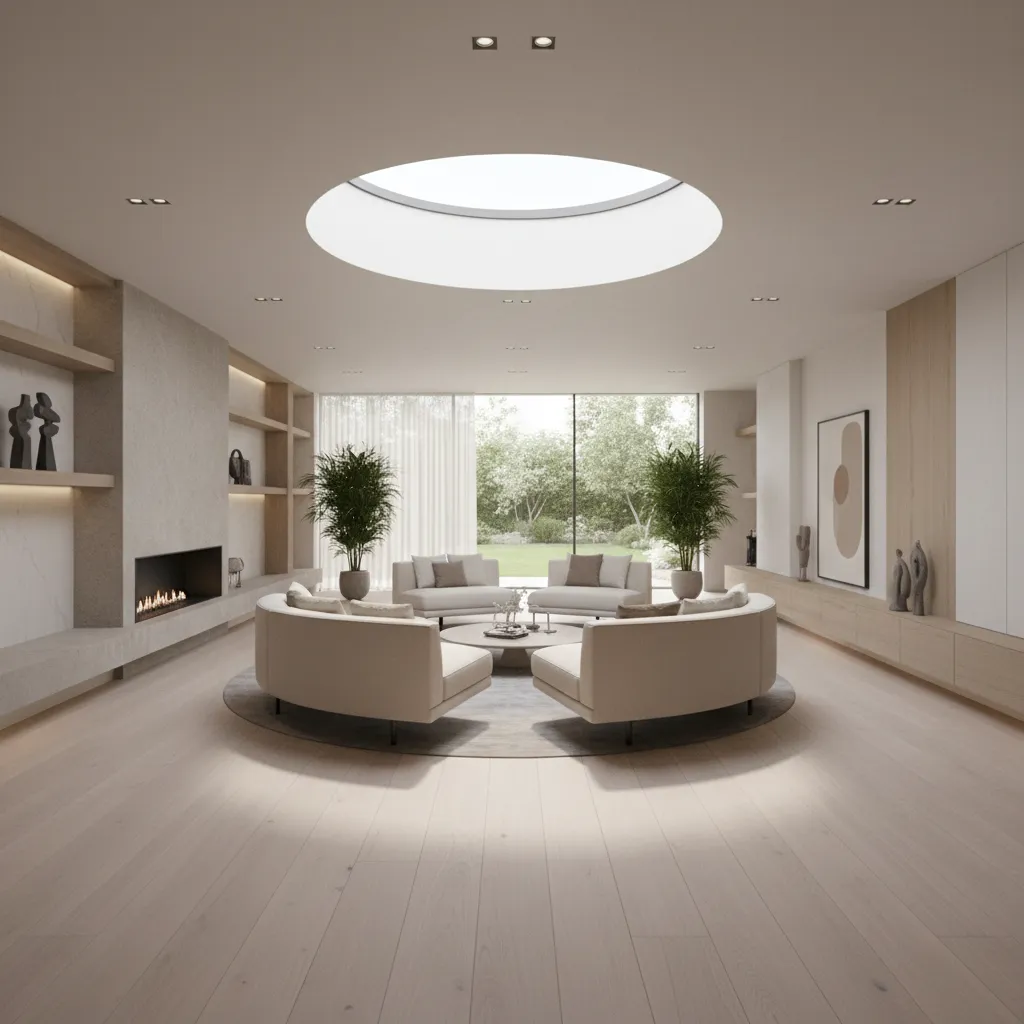 Designer styled open plan living room with seating island and clear walkways