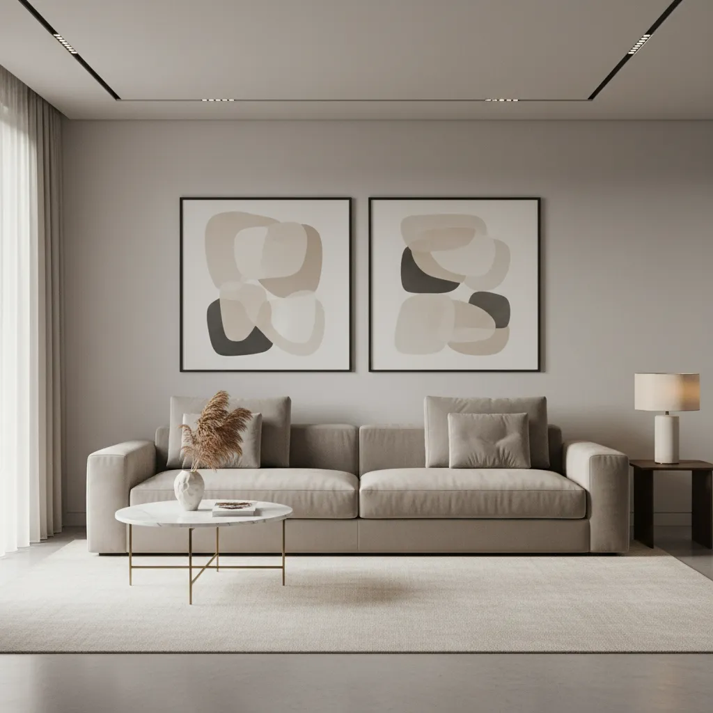 Living room with two framed paintings arranged as a balanced pair above a sofa