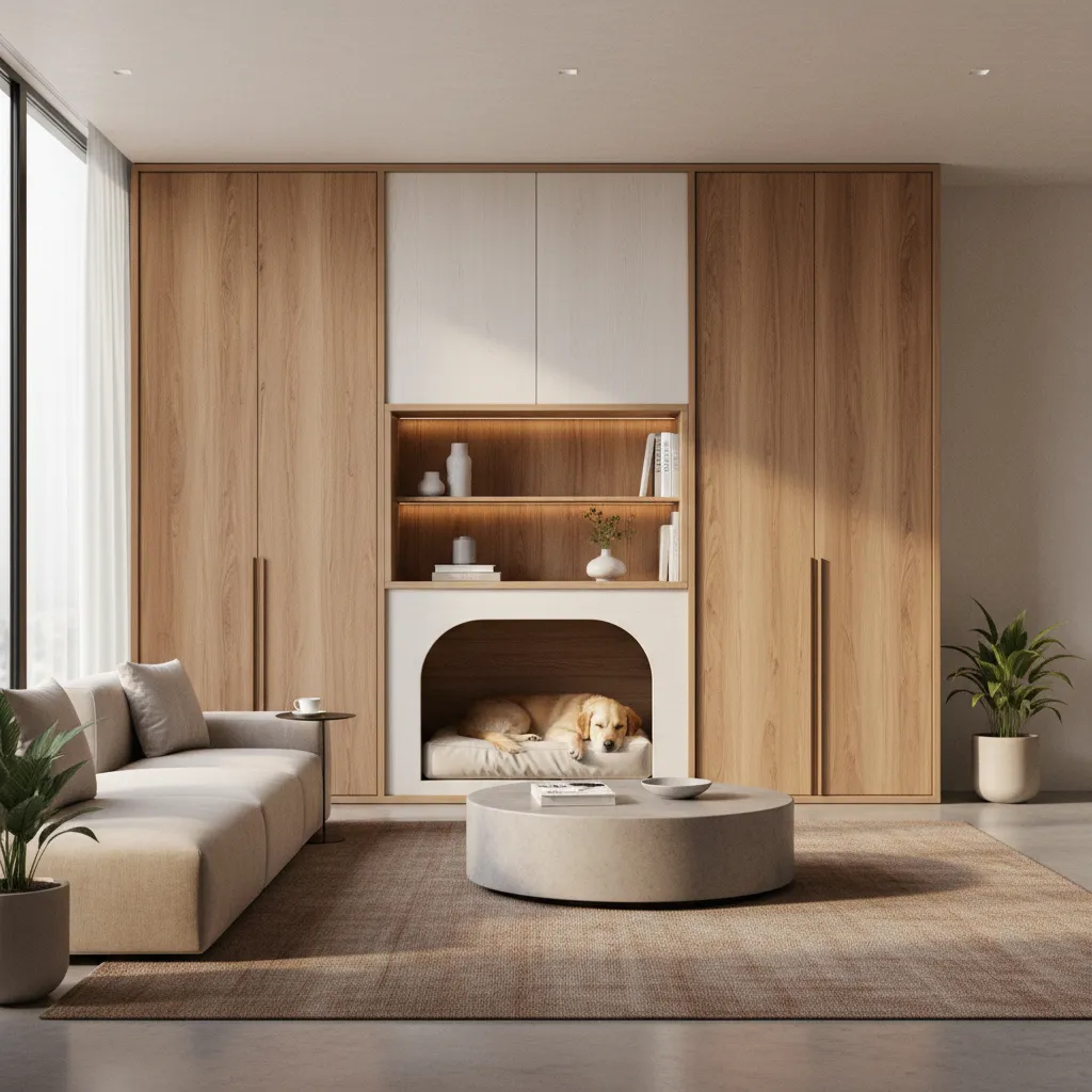 Modern living room with wooden wall cabinet featuring an integrated pet bed for a dog