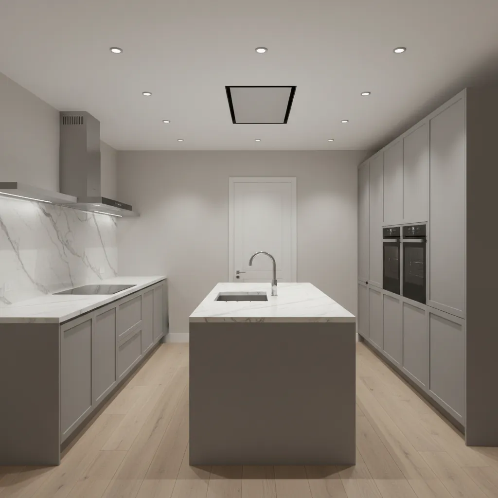 Designer planned kitchen layout with efficient movement paths