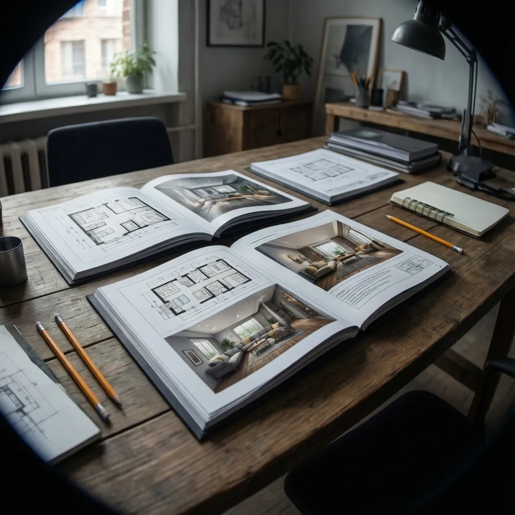 architectural portfolio review with sketches and renderings on desk