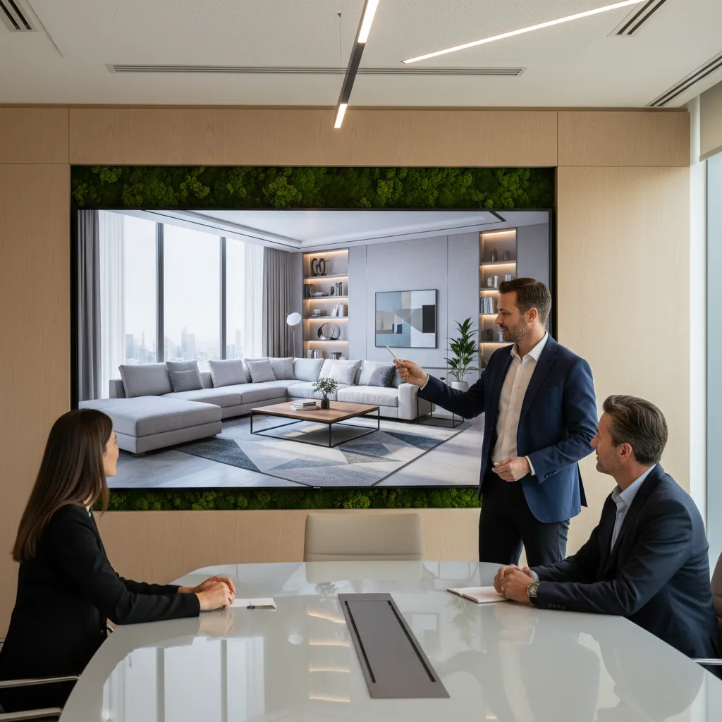 Interior designer presenting a 3D interior concept to clients on a large screen