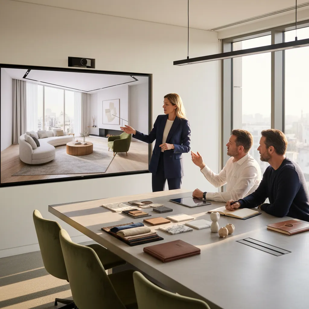 Interior designer presenting 3D living room render to homeowners