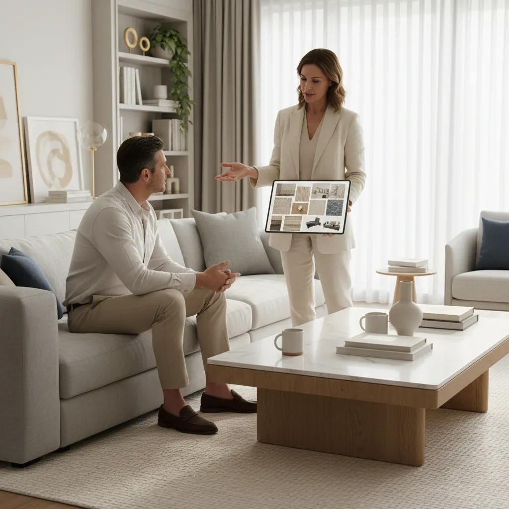 Interior designer presenting digital mood board and project plan to client on tablet