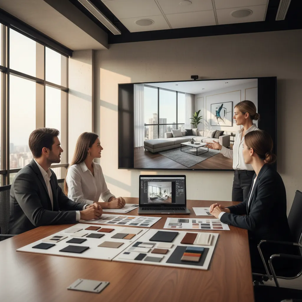 Interior designer presenting a digital room render to clients on a large screen