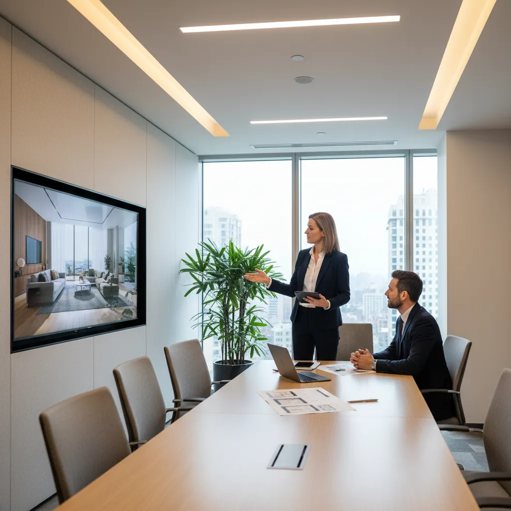 Female designer presenting living room design on large screen to client in modern office setting