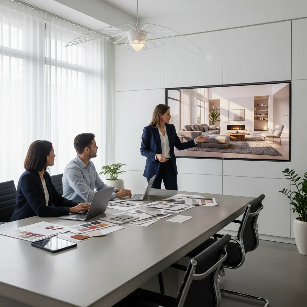 interior designer presenting 3D interior render to clients in modern meeting room
