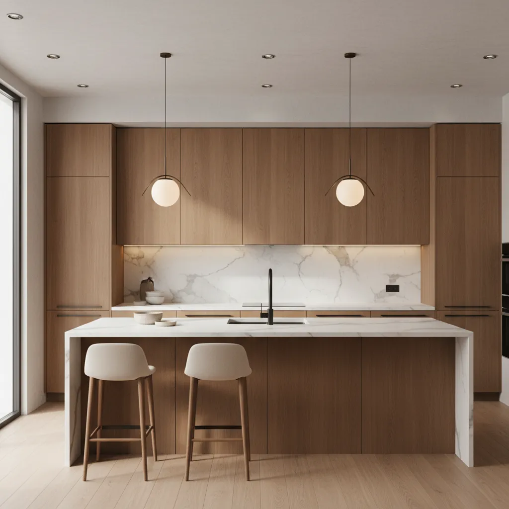 Subtle veined quartz countertop paired with warm brown kitchen cabinets