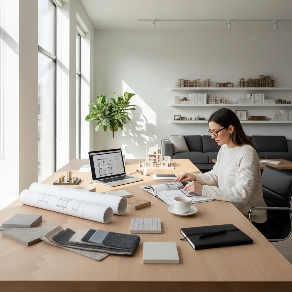 Diseñador de interiores revisando una revista de arquitectura en un estudio creativo