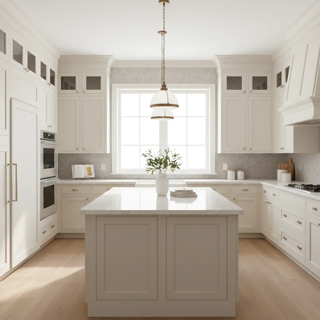 Finished kitchen using a soft designer recommended white cabinet color