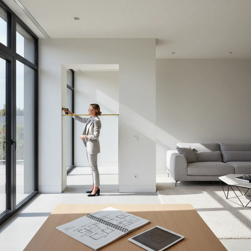 Interior designer measuring window and door openings in a room