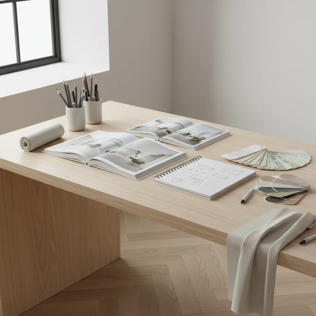 Interior designer reviewing multiple design books on a studio desk with sketches and color palettes