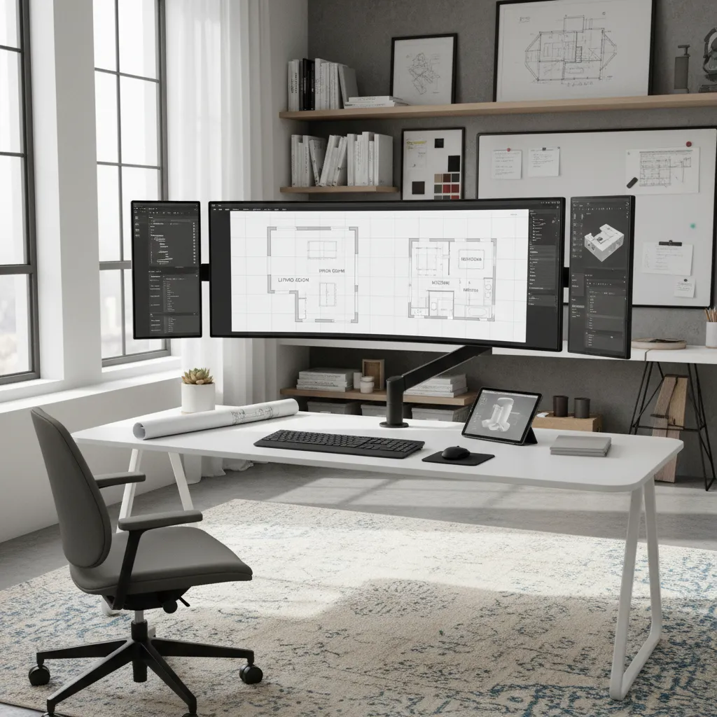 Interior designer reviewing a digital 2D floor plan layout on a large monitor