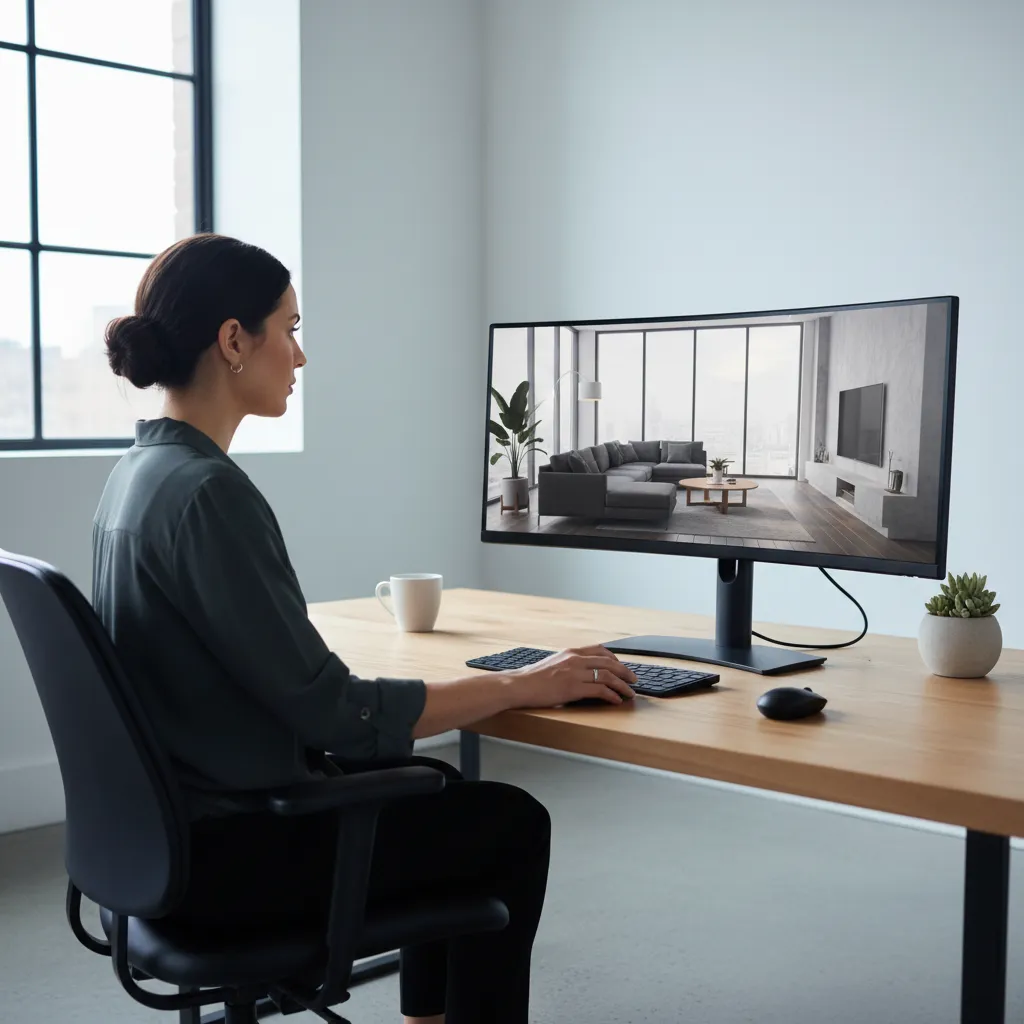 Interior designer reviewing photorealistic 3D interior render on computer screen