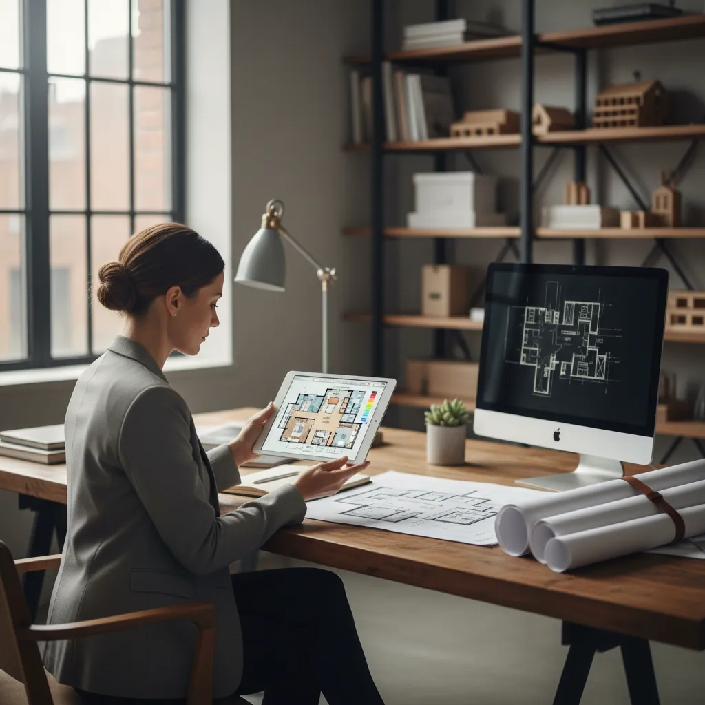 Interior designer reviewing AI generated floor plan on tablet