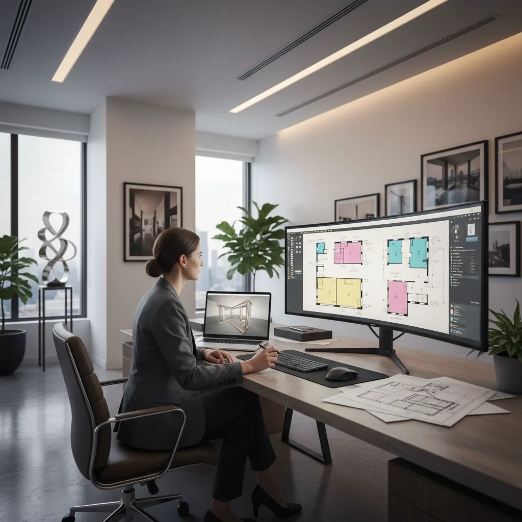 Interior designer reviewing AI generated floor plan on large screen