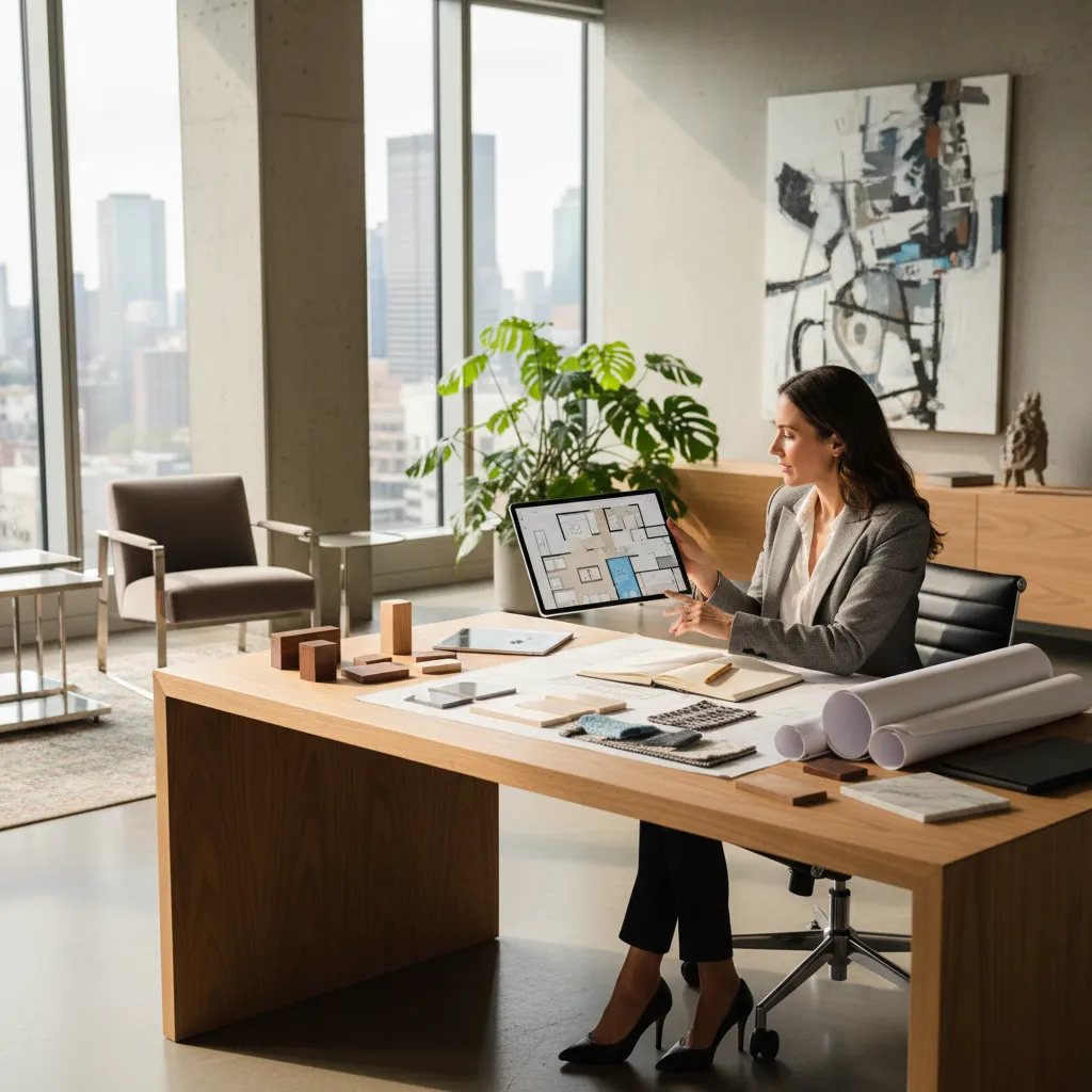 Female designer showing room layout on digital tablet at office desk with floor plan paper