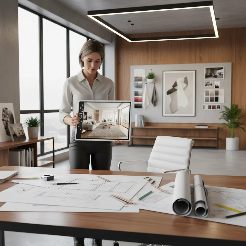Interior designer reviewing digital room planning concepts